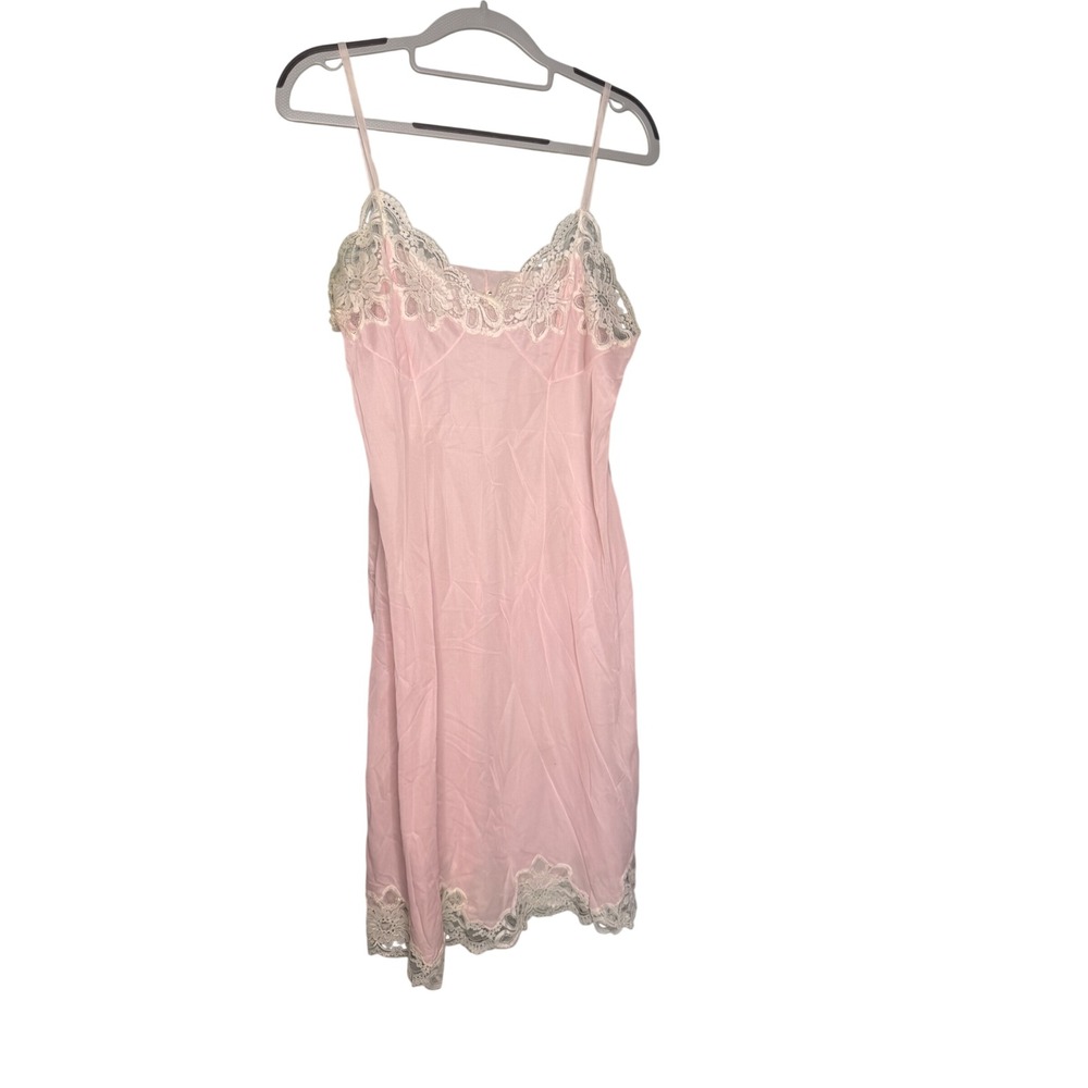Vintage pink silky slip dress with white floral lace‎ trim retro classy nightie